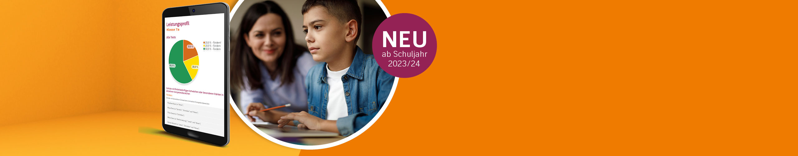 Tablet mit Analyse, Schüler konzentriert am Laptop, Störer: "NEU ab Schuljahr 2023/24"