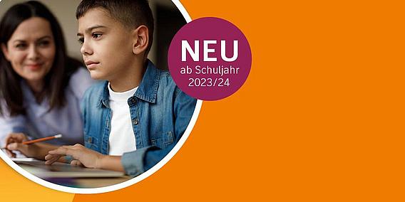 Tablet mit Analyse, Schüler konzentriert am Laptop, Störer: "NEU ab Schuljahr 2023/24"