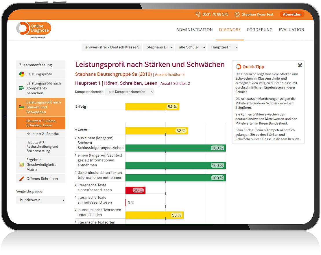 Screenshot der Benutzeroberfläche der OnlineDiagnose mit Balkendiagrammen