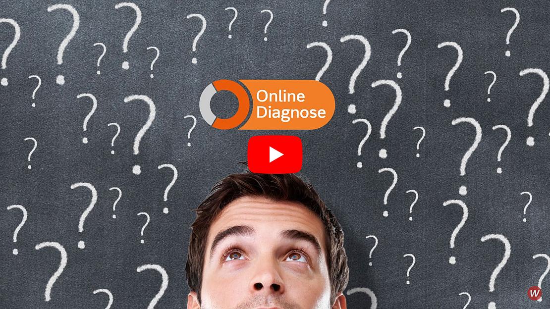 Video: OnlineDiagnose - Mann mit vielen Fragezeichen auf Tafelhintergrund