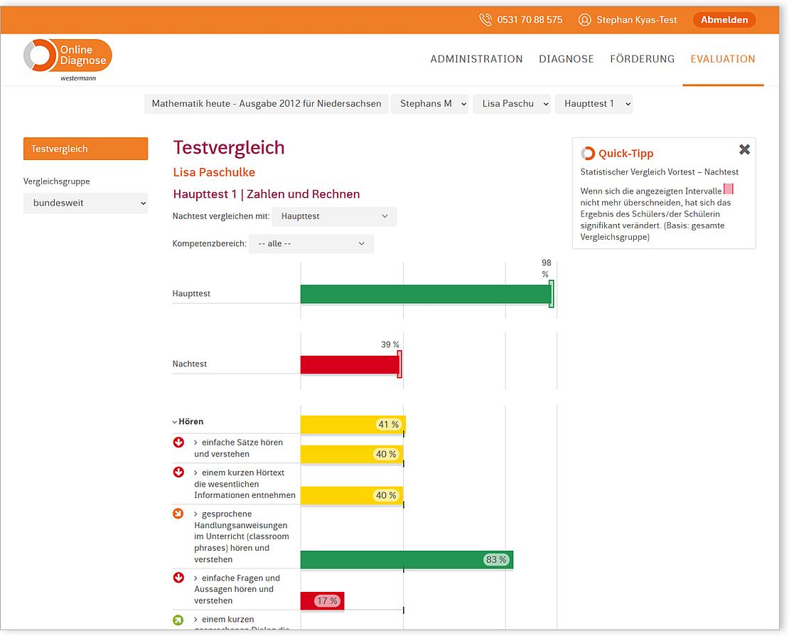 Screenshot der Benutzeroberfläche der OnlineDiagnose mit Testvergleich